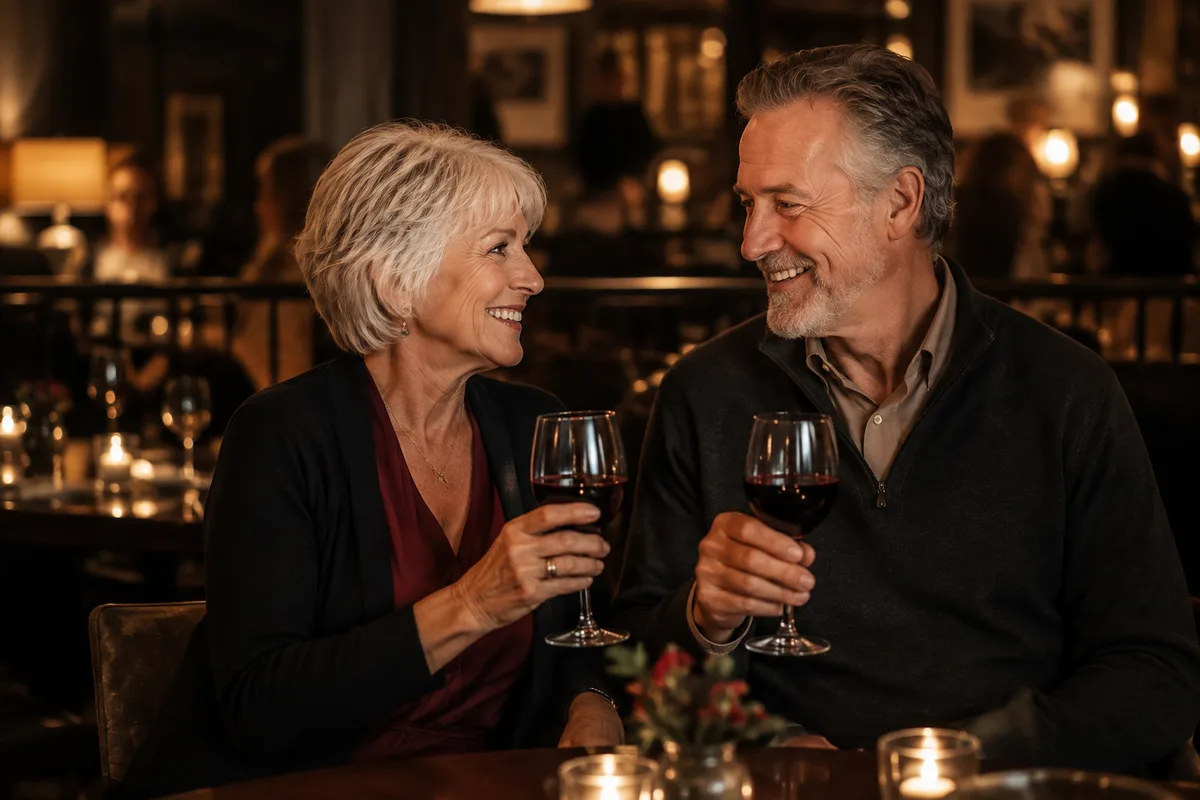 Two guests sharing a warm toast with red wine at a hosted Instant Flame evening.